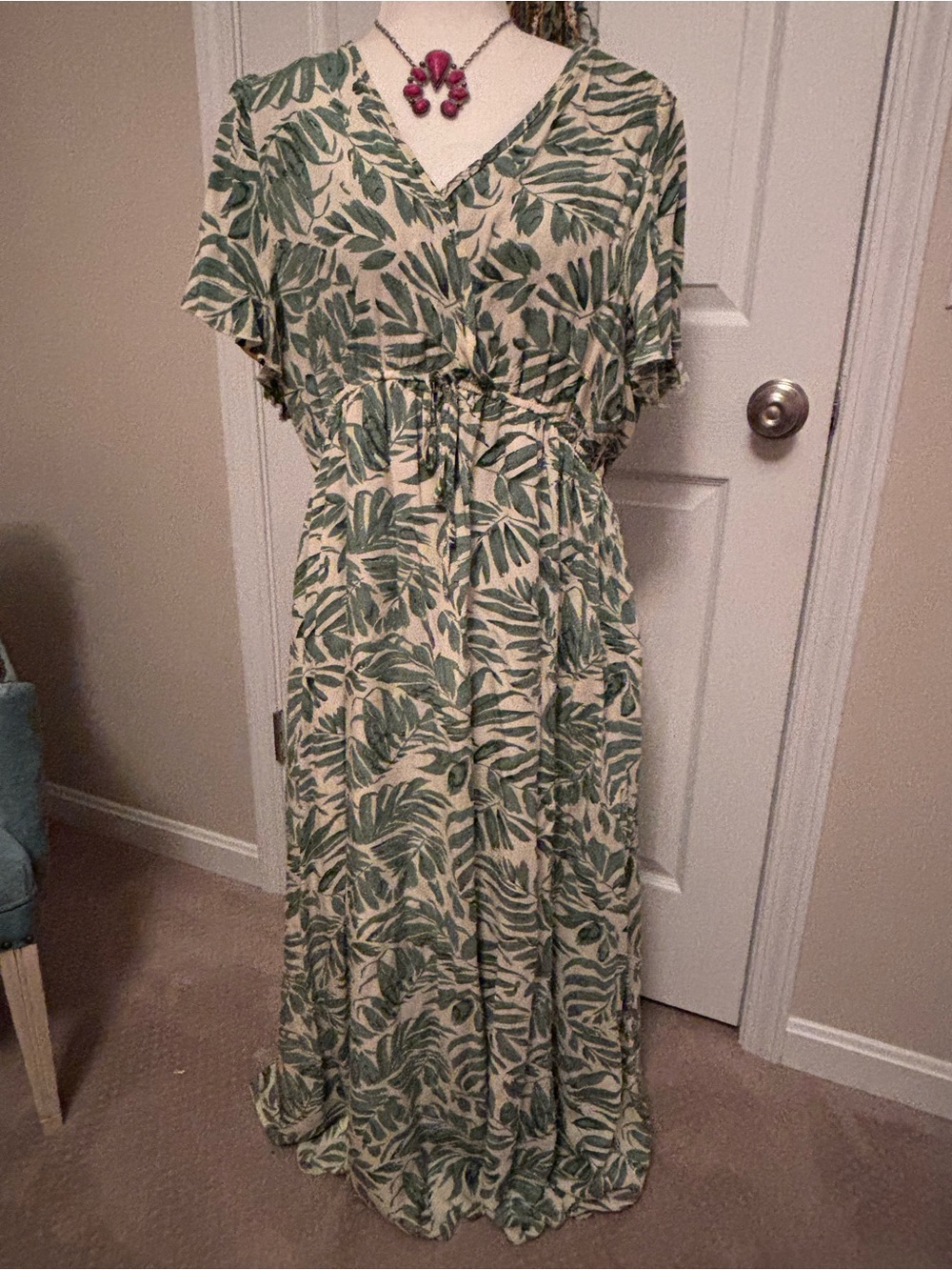 Leaf-Print V-Neck Maxi Dress with Waist Tie